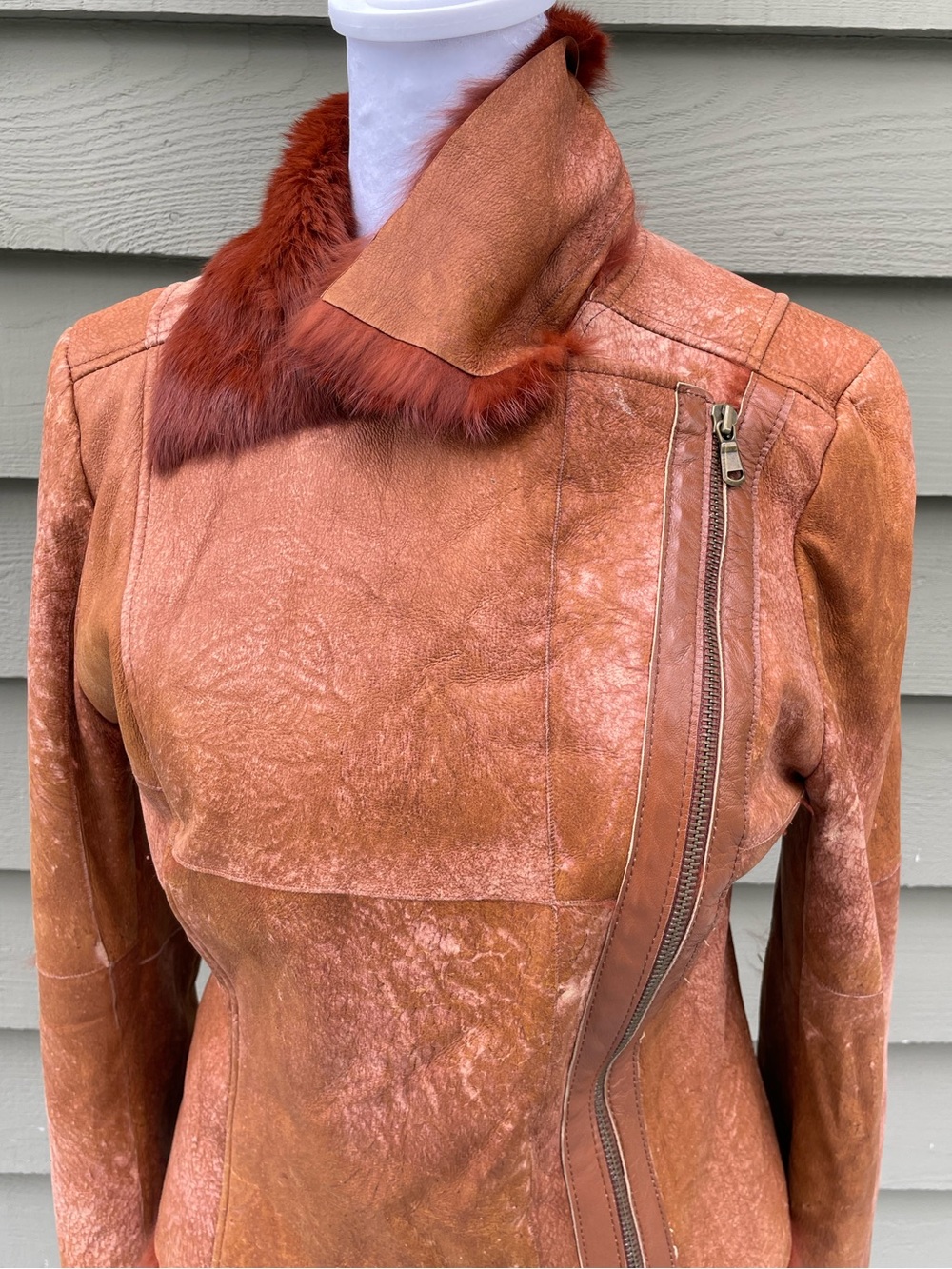 Y2K G-Brand Italy Rust Brown Shearling-Trim Leather Jacket size Small - Picture 7 of 13